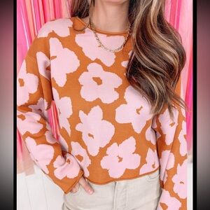 Wishlist Floral Crew Neck Sweater in Pink and Orange